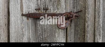 Vista ravvicinata del vecchio lucchetto arrugginito su una vecchia porta di legno grigio. Foto Stock