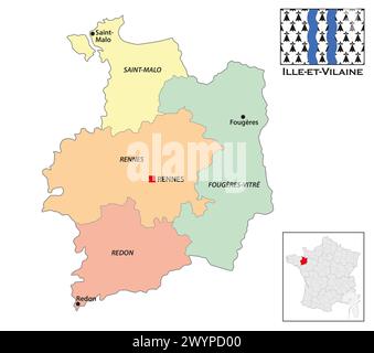 Mappa amministrativa del dipartimento bretone di Ille-et-Vilaine, Francia Foto Stock