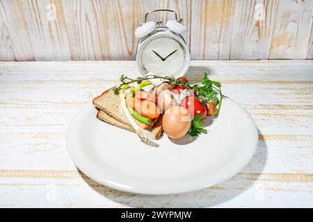 Concetto di dieta a digiuno a intervalli simboleggiato da un piatto riempito fino a un terzo di cibo e da una sveglia su uno sfondo di legno chiaro, metodo per una dieta sana Foto Stock