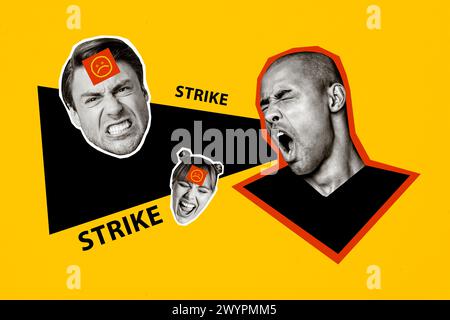 Collage fotografico 3D grafica di tendenza composita immagine di schizzo di nero bianco arrabbiato ragazzo eccitato uomo felice donna fare la scelta sociale voto strike Foto Stock