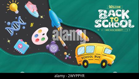 Design vettoriale di testo di ritorno a scuola. Scuolabus con elementi educativi, oggetti, materiali e forniture per l'e-learning e l'istruzione a distanza Illustrazione Vettoriale