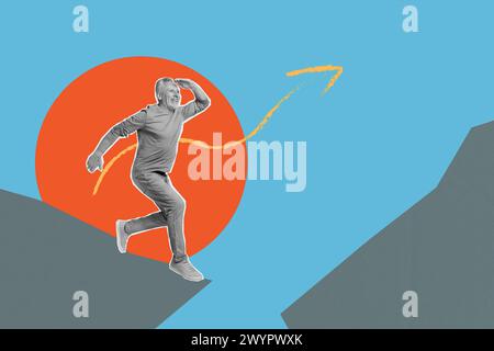 Immagine di schizzo grafica di tendenza composita collage fotografico 3D di silhouette vecchio sguardo senior lontano Find Freccia mostra la direzione verso le possibilità Foto Stock