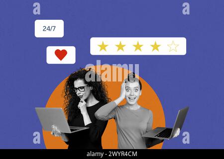 Collage fotografico composito di due ragazze colleghi hanno il supporto macbook stelle di servizio valutazione cuore feedback isolato su sfondo dipinto Foto Stock
