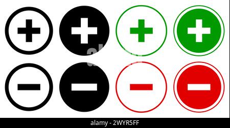 Set di icone rotonde con segno più e segno meno. Vettore dei simboli positivo e negativo. Illustrazione Vettoriale