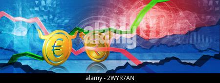 eur rialzista fermato da ribassista inr. illustrazione 3d del mercato valutario dell'euro alla rupia indiana. moneta rappresentata come monete d'oro Foto Stock