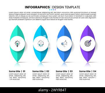 Modello infografico con icone e 4 opzioni o passaggi. Oggetti in piedi. Può essere utilizzato per layout del flusso di lavoro, diagrammi, banner, webdesign. Illustrazione vettoriale Illustrazione Vettoriale