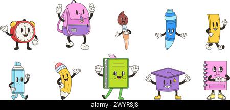 Personaggi della scuola retrò. Appunti, penna e libro divertenti ed emozionanti. Borsa scolastica, pennarello e spazzola. Cartoleria positiva clipart vettoriale aderente Illustrazione Vettoriale