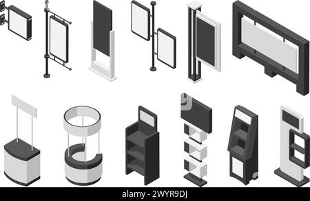 Stand pubblicitari isometrici. Schermi e bancarelle dimostrative promozionali. Elementi pubblicitari per esterni e interni, attrezzature da esposizione, set vettoriale impeccabile Illustrazione Vettoriale