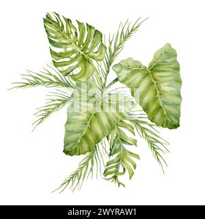 Composizione di foglie tropicali di banana e limone con monstera e rami di palma. Illustrazione acquerello isolata su sfondo bianco. Foglie esotiche Foto Stock