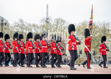 Buckingham Palace, Londra, Regno Unito. 8 aprile 2024. La Gendarmerie Nationale francese sfilò insieme ai soldati della Household Division dell'esercito britannico per celebrare il 120° anniversario dell'intesa cordiale. Saranno ispezionati dal Duca e dalla Duchessa di Edimburgo, dal Capo di Stato maggiore del Regno Unito (CGS), dal generale Sir Patrick Sanders, dal Capo di Stato maggiore dell'esercito francese, dal generale Pierre Schill e dall'ambasciatore francese presso il Regno Unito Helene Duchene. La Gendarmeria è marciata dentro e fuori dal piazzale di Buckingham Palace dalla Band of the Grenadier Guards, che esegue anche gli inni nazionali di entrambi i paesi A. Foto Stock