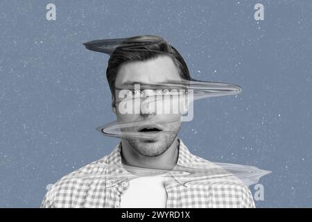 Immagine di schizzo grafica di tendenza collage di foto composito di giovane scioccato uomo volto confuso con effetto liquido di distorsione guardare dritto Foto Stock