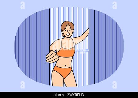 La donna esce dal solarium verticale, esortando le persone a smettere di prendere il sole, causando il cancro della pelle a causa della luce ultravioletta. Il solarium per le ragazze si trova in costume da bagno e si gode di trattamenti SPA Illustrazione Vettoriale
