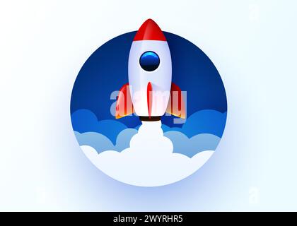 Lancio di razzi nel cielo volando sopra le nuvole. Nave spaziale in nuvole di fumo. Concetto di business. Avviare il modello. Sfondo orizzontale. Illustrazione vettoriale. Illustrazione Vettoriale