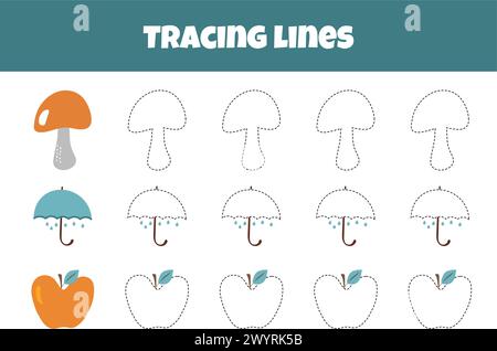 Descrivere i funghi, l'ombrello, la mela e il lavoratore nel foglio di lavoro per le linee di tracciamento per i bambini in età prescolare di 4-6 anni Illustrazione Vettoriale