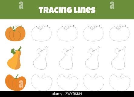 Delineare la zucca e la pera nel foglio di lavoro per le linee di tracciamento per i bambini in età prescolare di 4-6 anni Illustrazione Vettoriale