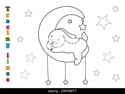 Delineare il contorno stella nel foglio di lavoro per le linee di tracciamento per i bambini in età prescolare di 4-6 anni Illustrazione Vettoriale