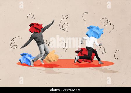 Immagine di un collage fotografico creativo due giovani uomini in piedi che corrono equilibrio carta senza testa spazzatura spazzatura strana idea di sfondo di disegno Foto Stock