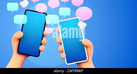 Mani che tengono il telefono con messaggi. Concetto di comunicazione e social networking. Illustrazione vettoriale per il design di siti Web e banner Illustrazione Vettoriale