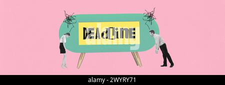 Banner. Collage d'arte contemporanea. Datori di lavoro stanchi con filtro bianco e nero che superano la scadenza delle iscrizioni colorate Foto Stock