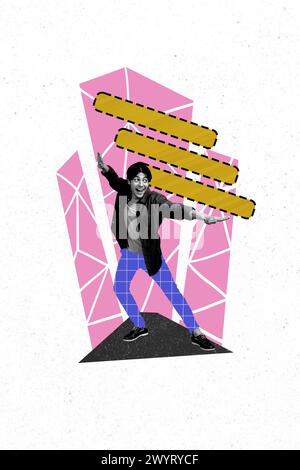 Grafica di tendenza immagine schizzo collage fotografico di silhouette in bianco nero giovane persona attiva uomo spalmare mani volo portare dietro linee enormi Foto Stock