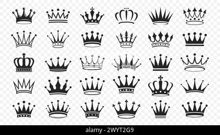 Corone. Set di icone Vector Black Monochrome Crown (Corona monocromatica Vector Black). Collezione di silhouette Crown Illustrazione Vettoriale