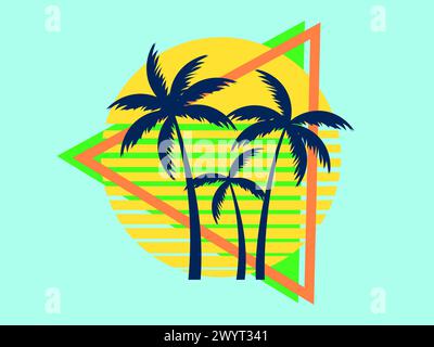palme fantascientifiche retrò degli anni '80 su un tramonto con cornice triangolare. Sole retrò futuristico con palme. Stile Synthwave e retrowave. Design per pubblicità Illustrazione Vettoriale