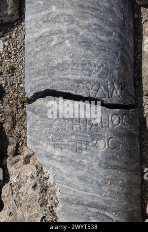 Frammento storico di colonna inciso dal Museo Archeologico di Paphos. Castello di Saranta Kolones Foto Stock