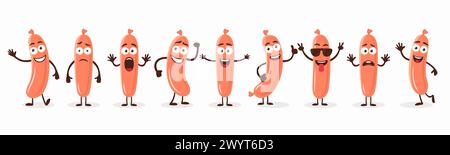 Simpatici e divertenti personaggi di salsiccia di cartone animato in pose ed emozioni diverse. Set di caratteri Flat Cartoon Sausage. Illustrazione vettoriale Illustrazione Vettoriale
