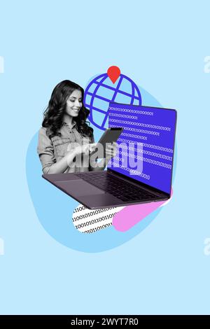 Collage fotografico verticale di Happy Woman Hold tablet macbook schermo blu numeri globo segno rete isolato su sfondo dipinto Foto Stock