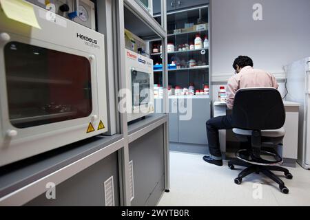 Condizionamento termico dei campioni, laboratorio dei polimeri, Centro di fisica dei materiali è un centro congiunto del Consiglio spagnolo della ricerca scientifica CSIC e dell'Università dei Paesi Baschi UPV/EHU. La sua attività di ricerca si concentra principalmente sugli aspetti fondamentali della scienza dei materiali. L'attività scientifica nei laboratori e nelle strutture sperimentali del CFM si occupa della morfologia e delle proprietà elettroniche di materiali nano-strutturati, polimeri e materia morbida e materiali fotonici. Inoltre, una parte importante della ricerca scientifica nel CFM è dedicata alla teoria e alla simulazione del ma Foto Stock