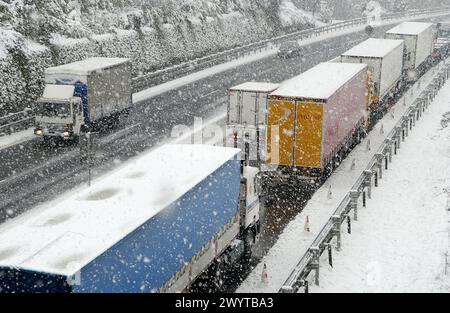 Camion nella neve. Autostrada N1. Ordizia, Gipuzkoa, Euskadi. Foto Stock