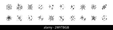 Set di icone a stella Doodle. Elementi vettoriali scintillanti. Buon Natale e felice anno nuovo decorazioni, coriandoli, fuochi d'artificio. Lampeggiamento brillante, luci scintillanti Illustrazione Vettoriale