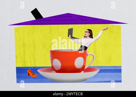 Immagine creativa illustrazione giovane donna d'affari stupita piscina tazza in porcellana lavoro remoto tacchi alti dipendente calzature Foto Stock