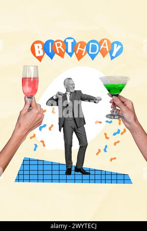 Collage fotografico creativo verticale cartolina buon compleanno vecchio energico uomo divertente festa di ballo festa cocktail coriandoli Foto Stock