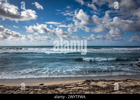 Il mare Mediterraneo tempestoso a Pafo, Cipro. Spiaggia sabbiosa, inverno, nuvole di tempesta nel cielo. Foto Stock