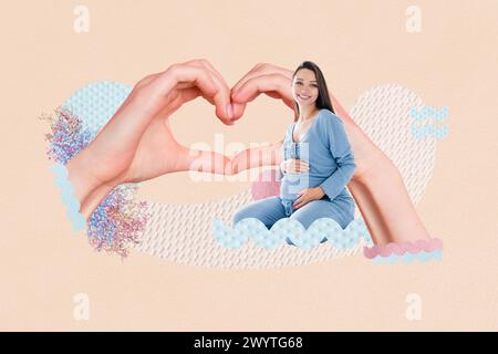 Collage immagine 3d retrò di mani femminili incinte mostrano il simbolo del cuore giorno della madre sentire l'amore concetto celebrazione insoliti fumetti fantasia affissioni Foto Stock