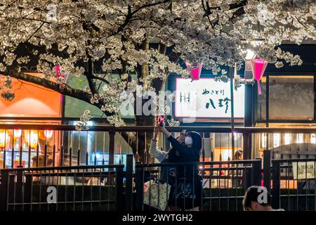 TOKYO, GIAPPONE - 06 APRILE 2024: Folle di persone che celebrano l'Hanami (fioritura dei ciliegi) lungo il fiume Meguro a Tokyo. Foto Stock
