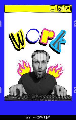 Immagine collage composita verticale di colori in bianco e nero impressionati tastiera da lavoro isolata su sfondo creativo Foto Stock