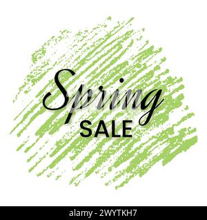 Striscione di vendita primaverile su striscio verde. Matita disegnata a mano. Illustrazione vettoriale. Illustrazione Vettoriale