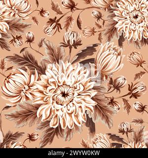 Motivo monocromatico senza cuciture con fiori di crisantemo e foglie in stile vintage. Illustrazione ad acquerello disegnata a mano di colore marrone. Fiori da giardino. T Foto Stock
