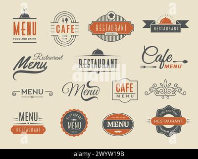 Distintivi del menu. Logo del ristorante o della caffetteria e simboli con posto per il testo personale modello vettoriale recente Illustrazione Vettoriale