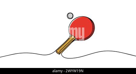 Linea singola continua disegnando racchetta e palla da ping pong. Gioco di ping-pong. Attrezzature sportive. Illustrazione Vettoriale