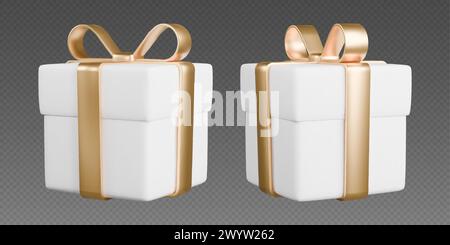 Scatole regalo con nastri, realistiche scatole bianche 3d con archi dorati. Illustrazione Vettoriale
