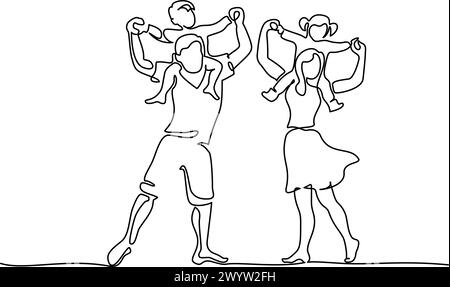 Padre e madre ballano tenendo i bambini sulle spalle. Concetto di famiglia felice Illustrazione Vettoriale
