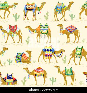 Motivo cammello. Sfondo senza cuciture con illustrazioni decorative cammelli modello vettoriale recente per il design tessile Illustrazione Vettoriale