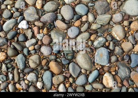 Ciottoli, spiaggia, LLanddwyn Bay, Newborough, Anglesey Island, Galles, Gran Bretagna Foto Stock