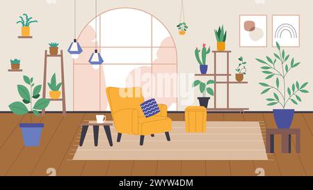 Giardino d'inverno. Hobby per piantare e giardinaggio. Poltrona, piante per la casa in pentole diverse, tazza da tè sul tavolo. Accogliente soggiorno vettoriale Illustrazione Vettoriale
