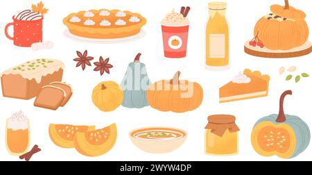 Stagione delle zucche. Cibo e bevande speziate di stagione. Caffè, latte e torte in stile autunnale, pane e zuppa. Pasti e dessert dal sapore vivace clipart vettoriale Illustrazione Vettoriale