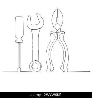 Illustrazione della chiave per cacciaviti e delle pinze. Piccoli lavori di carpenteria in officina e elemento di design del concetto di ristrutturazione domestica. Disegno a linea continua Illustrazione Vettoriale