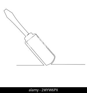 Cacciavite a testa piatta. Piccoli lavori di carpenteria in officina e elemento di design del concetto di ristrutturazione domestica. Vettore di disegno a linea continua. Illustrazione Vettoriale